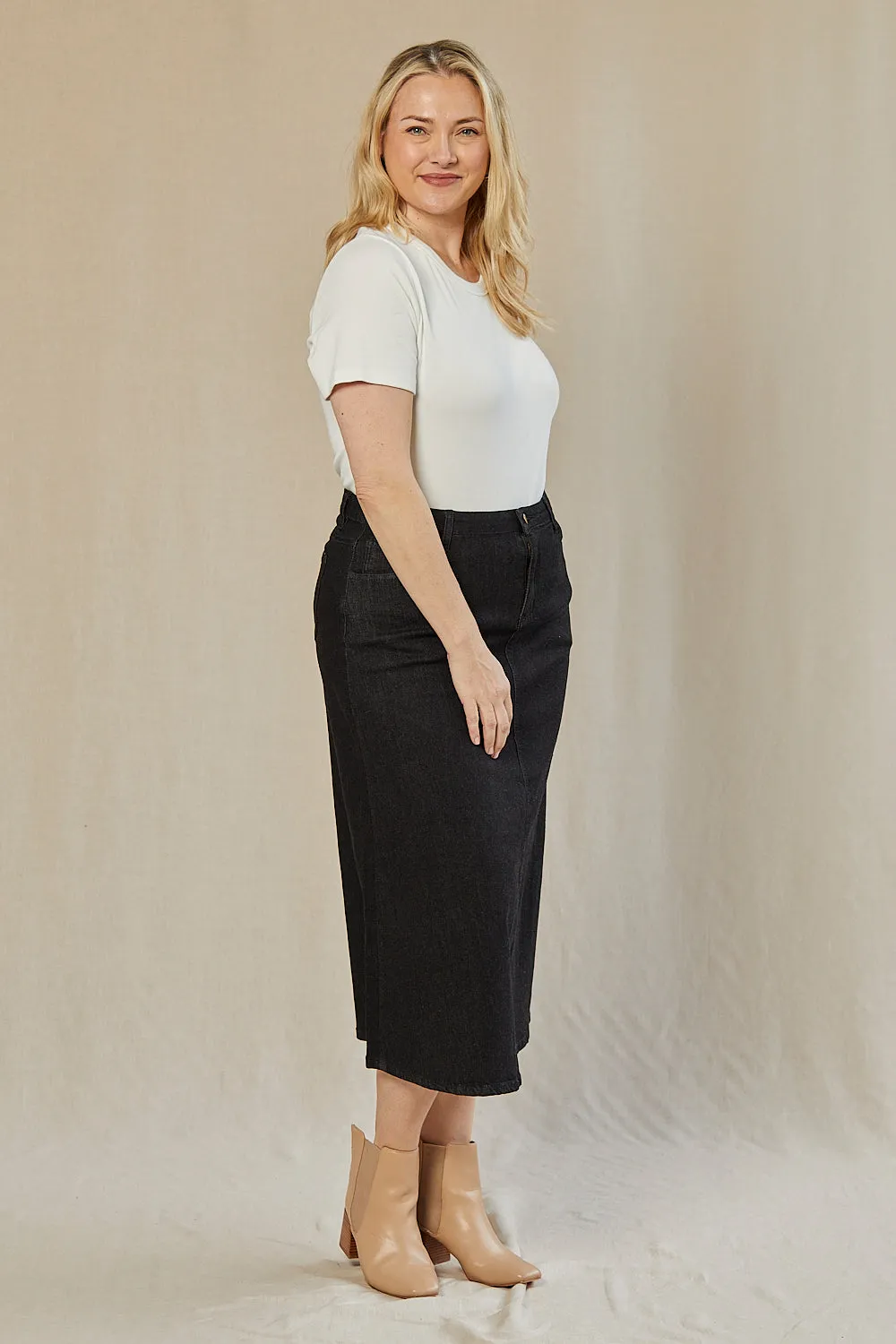 Adrift Denim A-Line Skirt in Black Adrift