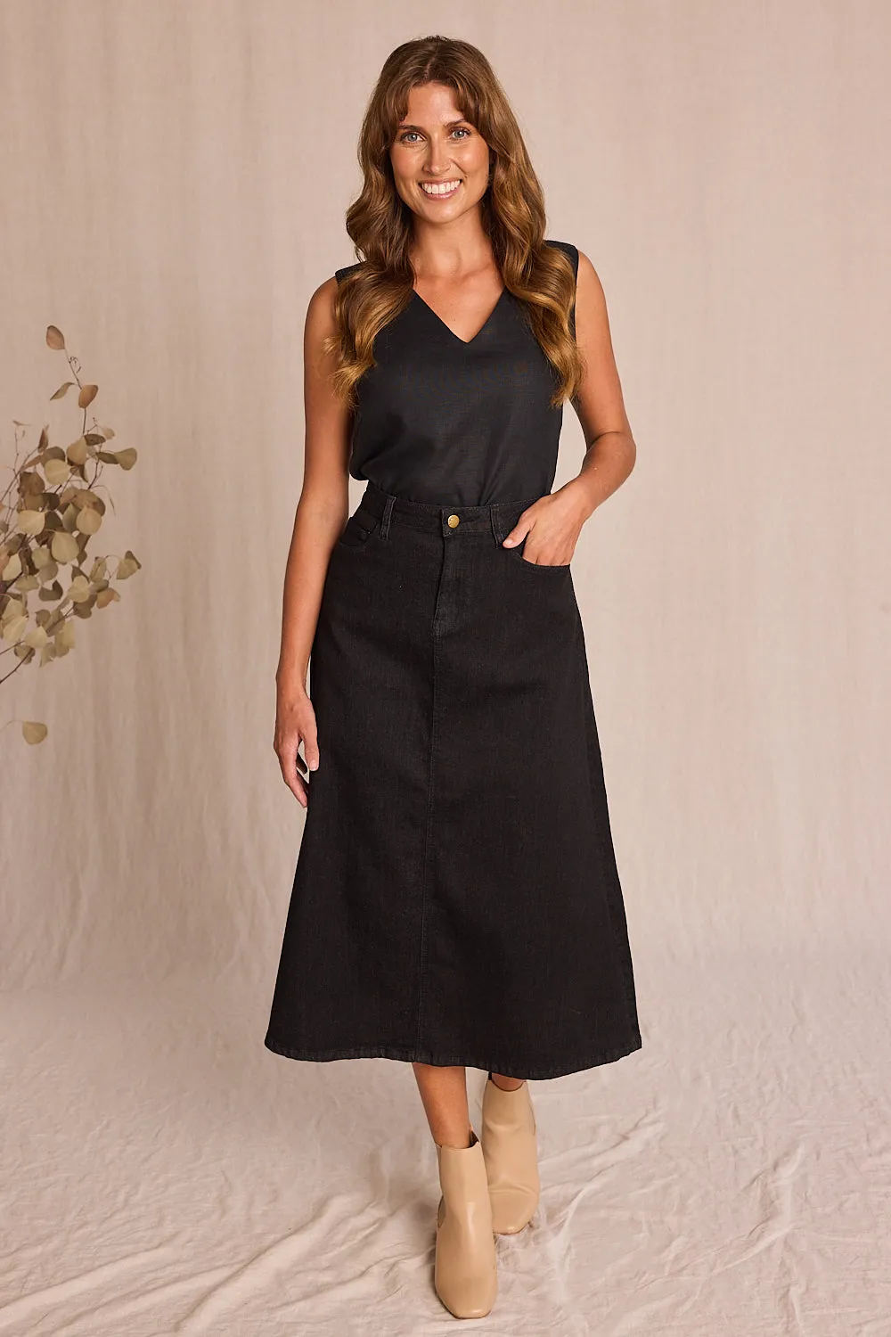 Adrift Denim A-Line Skirt in Black Adrift