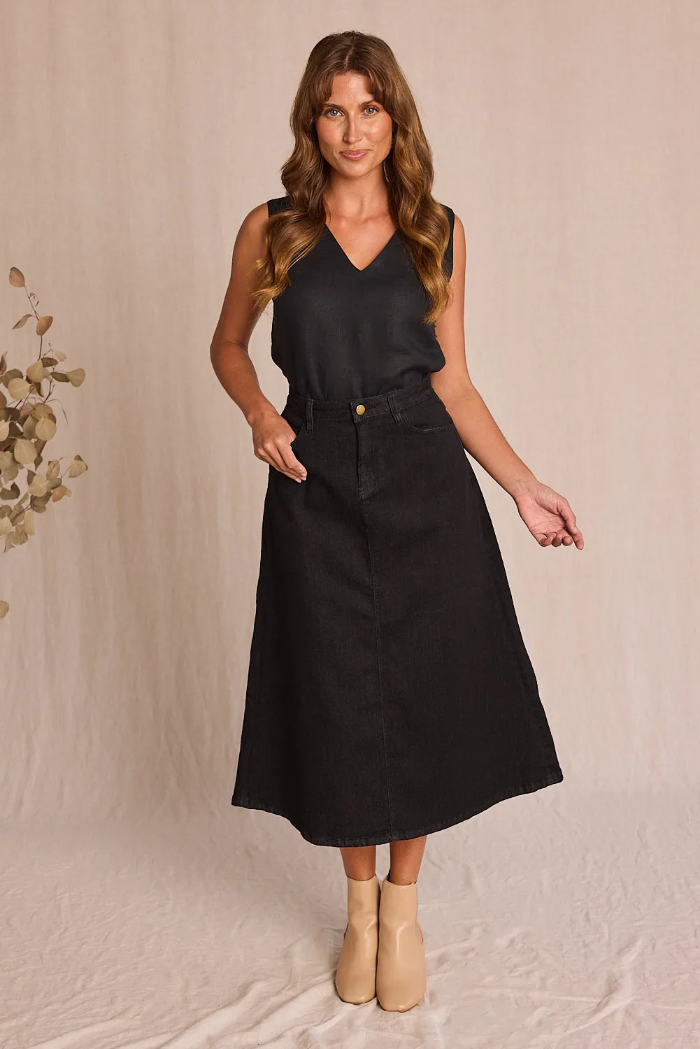 Adrift Denim A-Line Skirt in Black Adrift