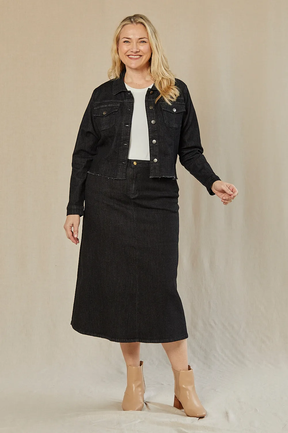 Adrift Denim A-Line Skirt in Black Adrift