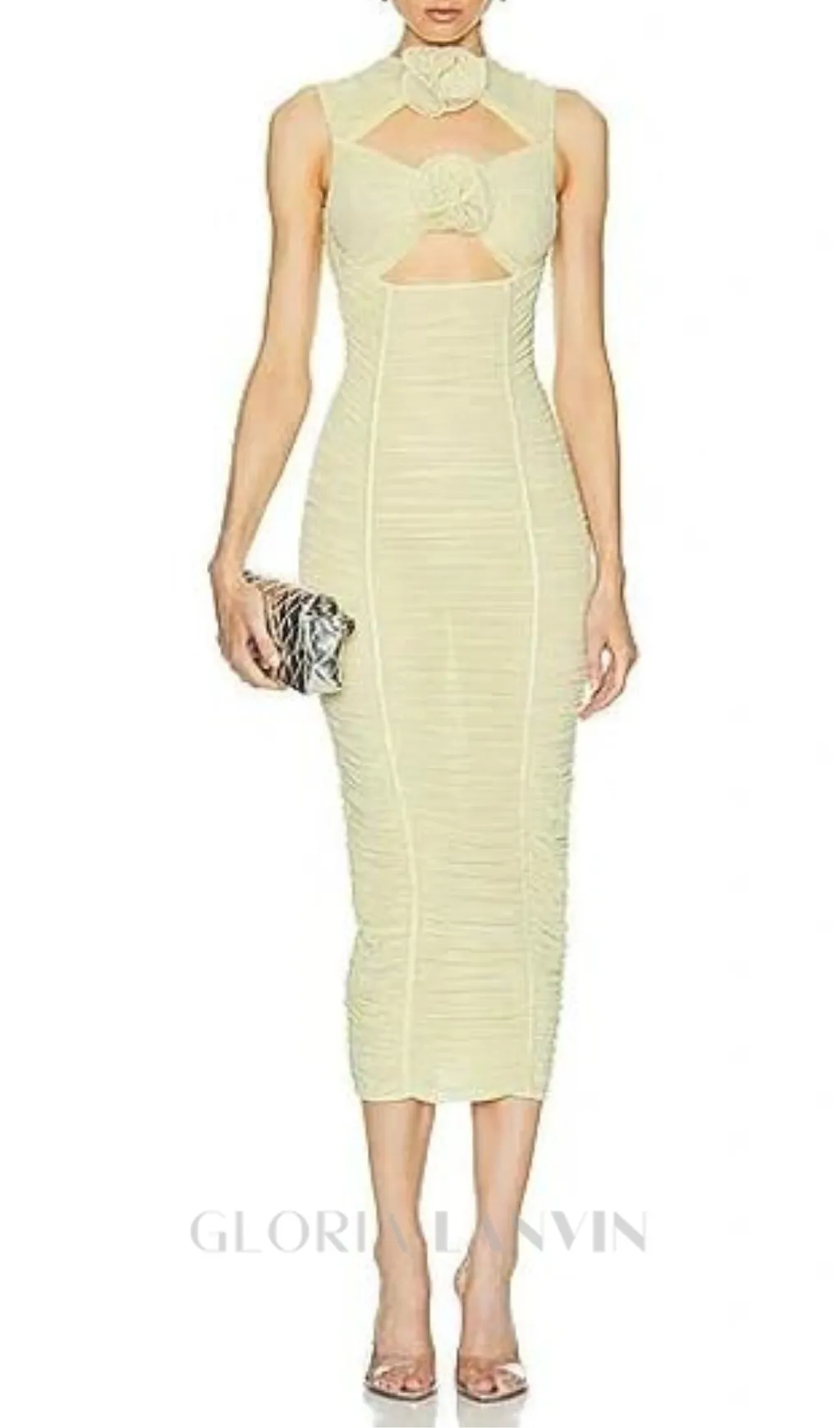 AMELIA SLEEVELESS FLOWER BLOOM MIDI DRESS IN LIGHT YELLOW Gloria Lanvin