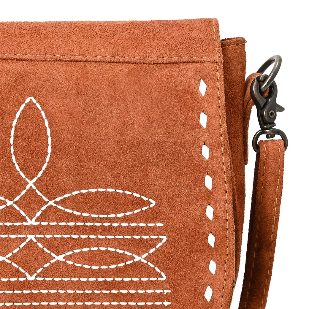 American Darling Chocolate Roughout Boot Stitch Leather Crossbody