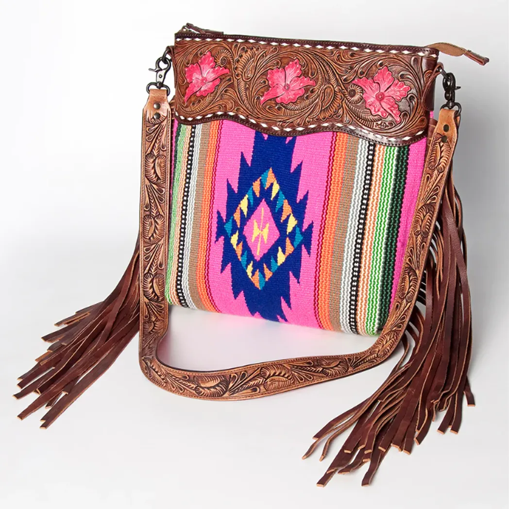American Darling Pink Flower Tolled Leather Blanket Crossbody