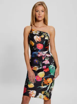 Black Floral Cindy One Shoulder Midi Dress Guess