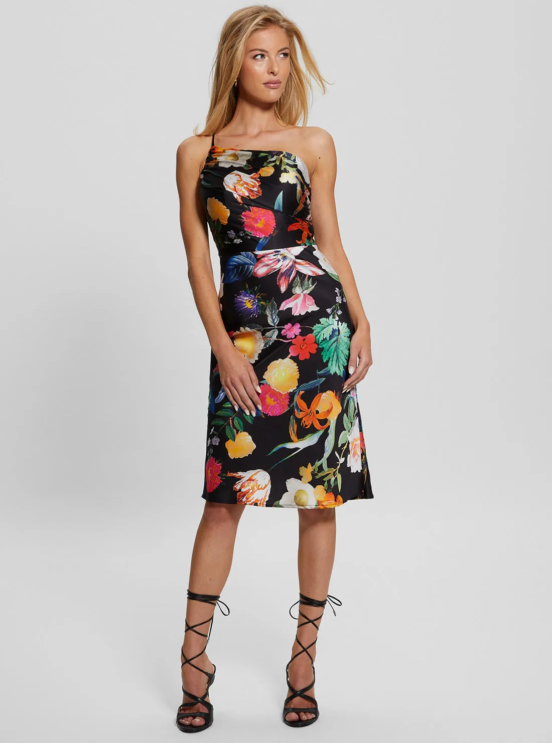 Black Floral Cindy One Shoulder Midi Dress Guess