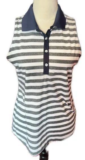 Cutter & Buck White & Gray Striped Sleeveless Polo w/ Navy Trim Size S MSP$70