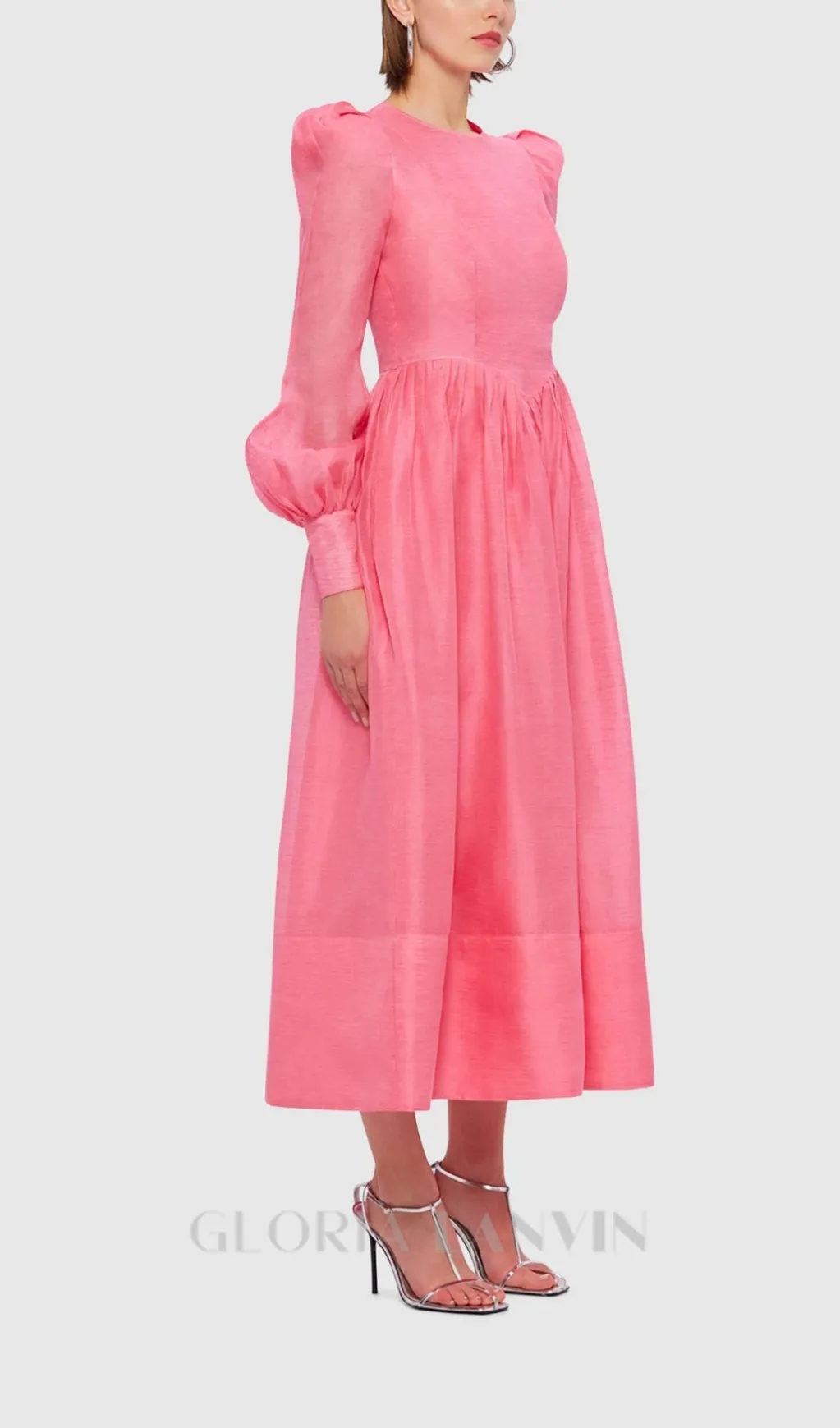DELIA PINK LANTERN SLEEVE ROUND NECK MIDI DRESS Gloria Lanvin
