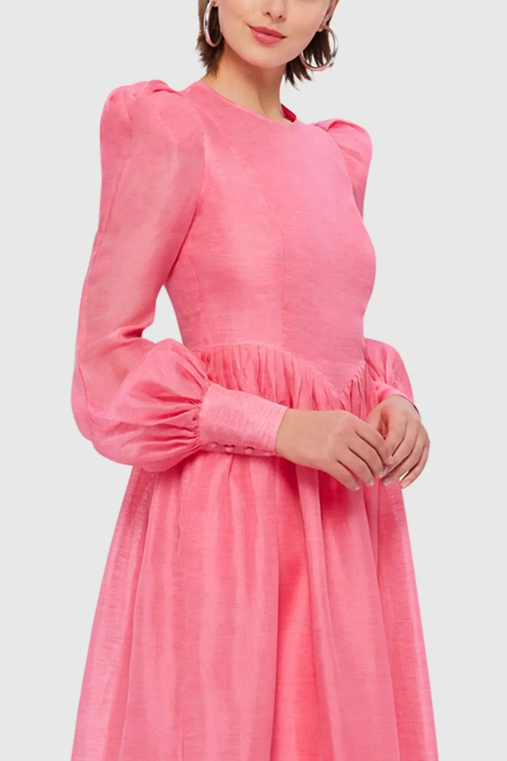 DELIA PINK LANTERN SLEEVE ROUND NECK MIDI DRESS Gloria Lanvin