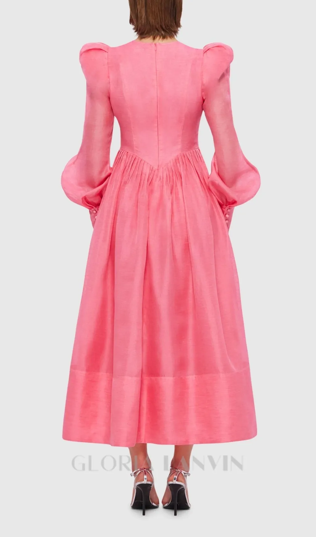DELIA PINK LANTERN SLEEVE ROUND NECK MIDI DRESS Gloria Lanvin