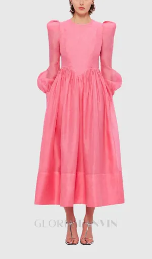 DELIA PINK LANTERN SLEEVE ROUND NECK MIDI DRESS Gloria Lanvin