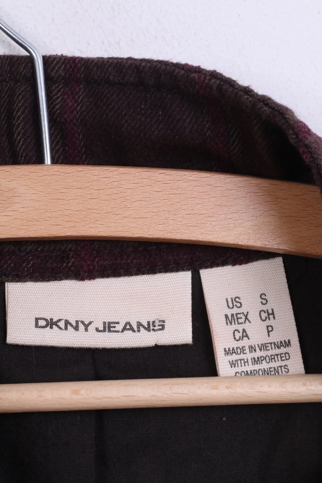 DKNY Jeans Womens S Jacket Purple Check Single Breasted Cotton Brown