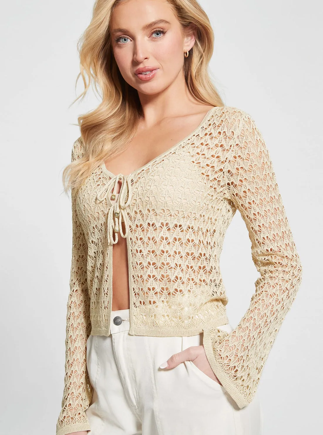 Eco Beige Clarissa Long Sleeve Cardigan Top Guess