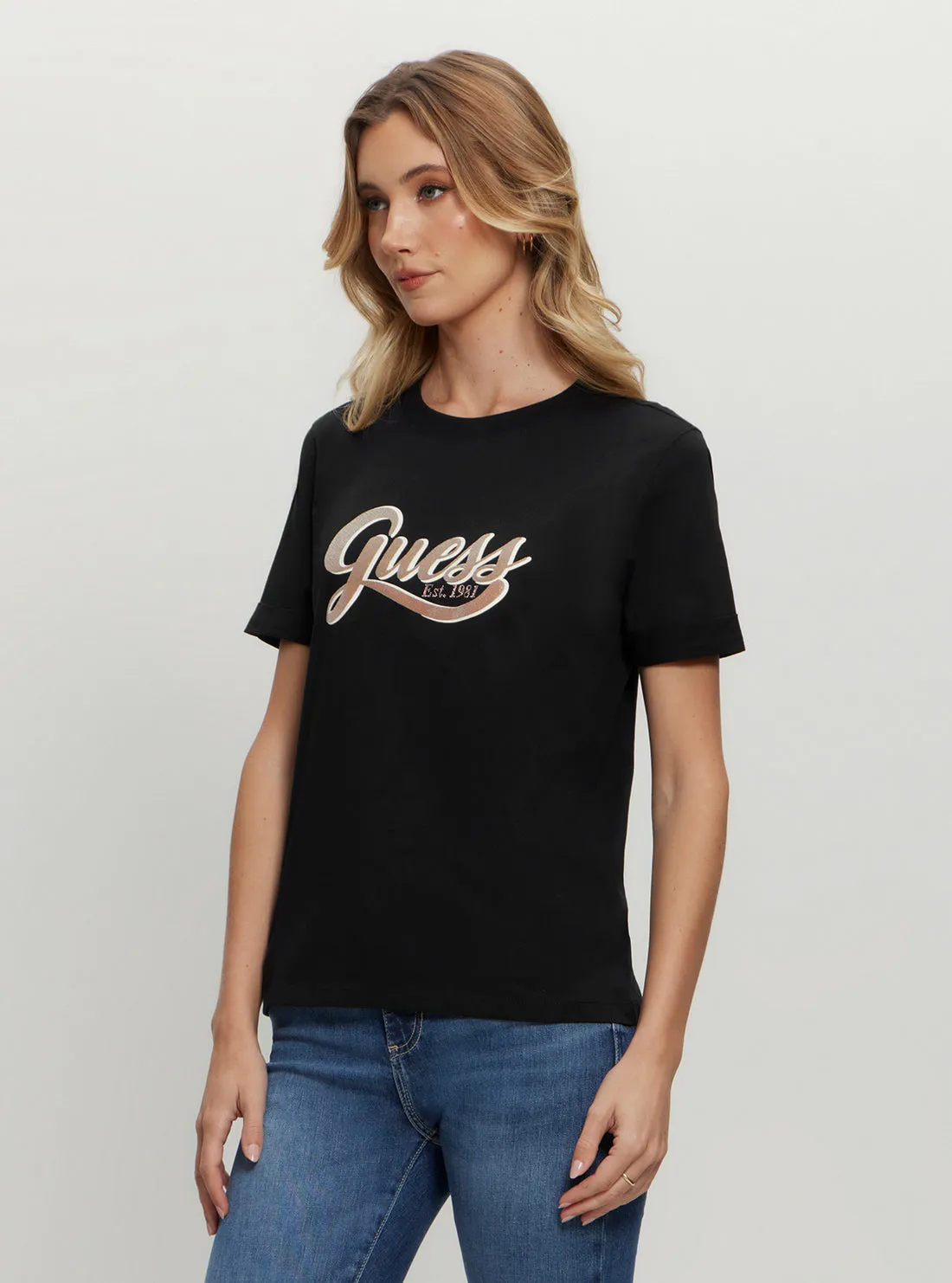 Eco Black Glittery Logo T-Shirt Guess