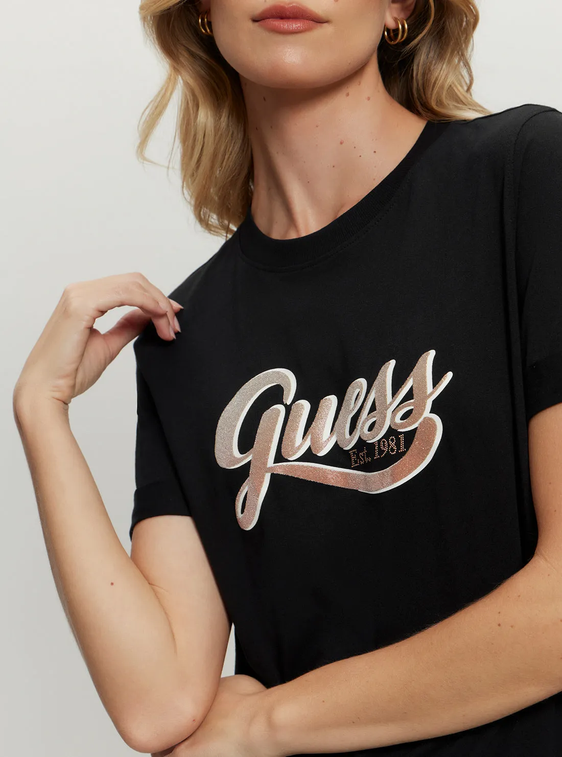 Eco Black Glittery Logo T-Shirt Guess