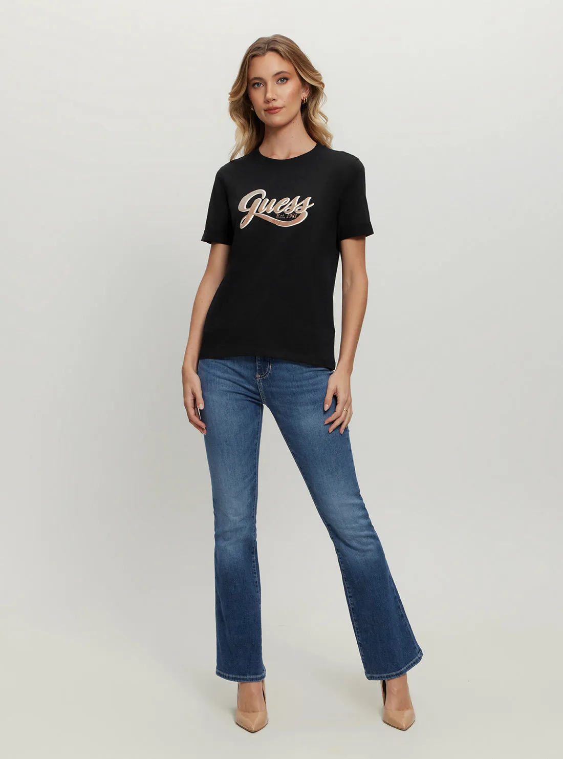 Eco Black Glittery Logo T-Shirt Guess