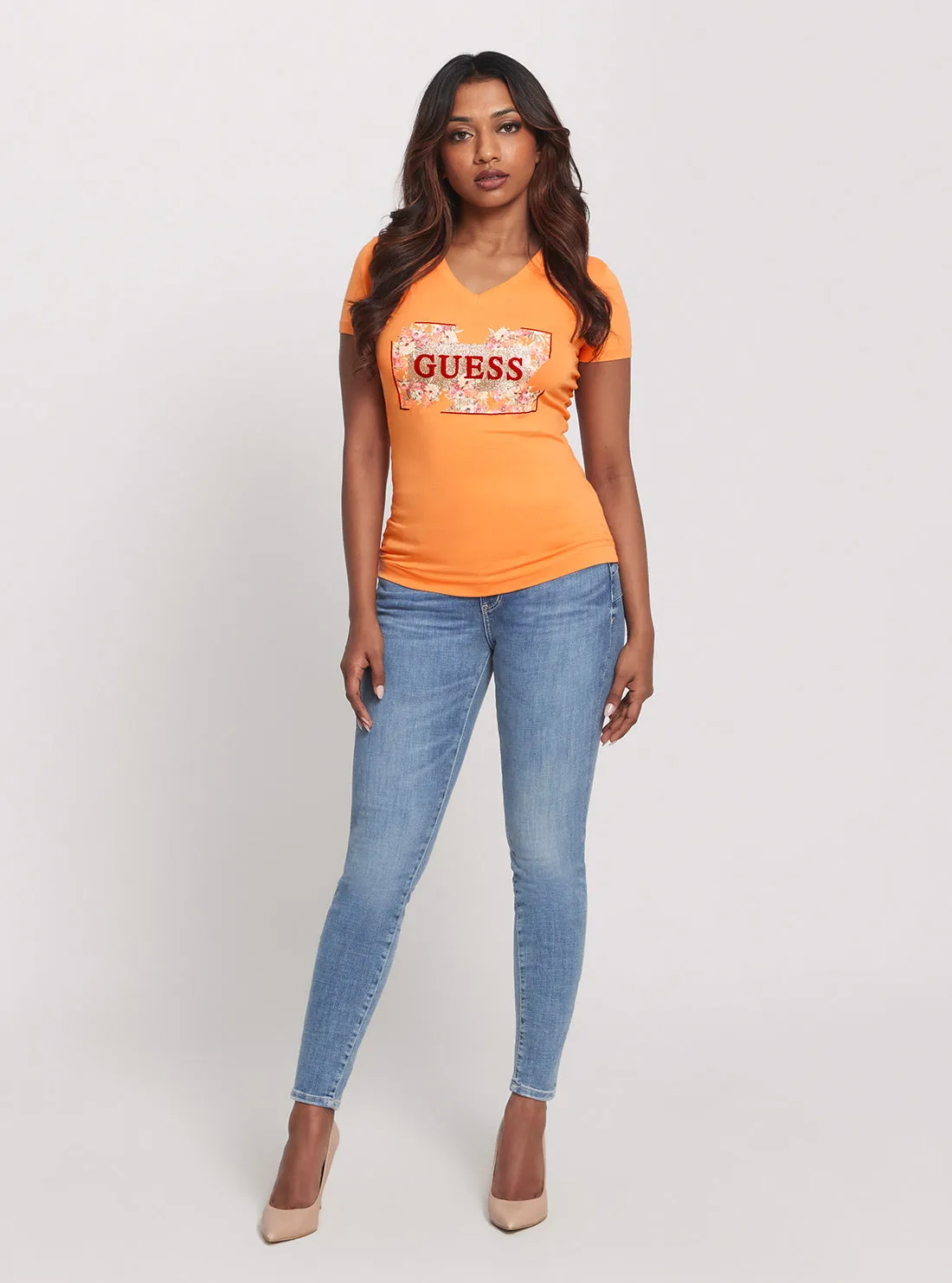 Eco Orange Flowers Logo T-Shirt Guess