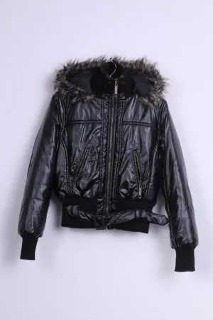 Ere Fashion Womens M Jacket Shiny Black Padded Hood Fur Biker Top