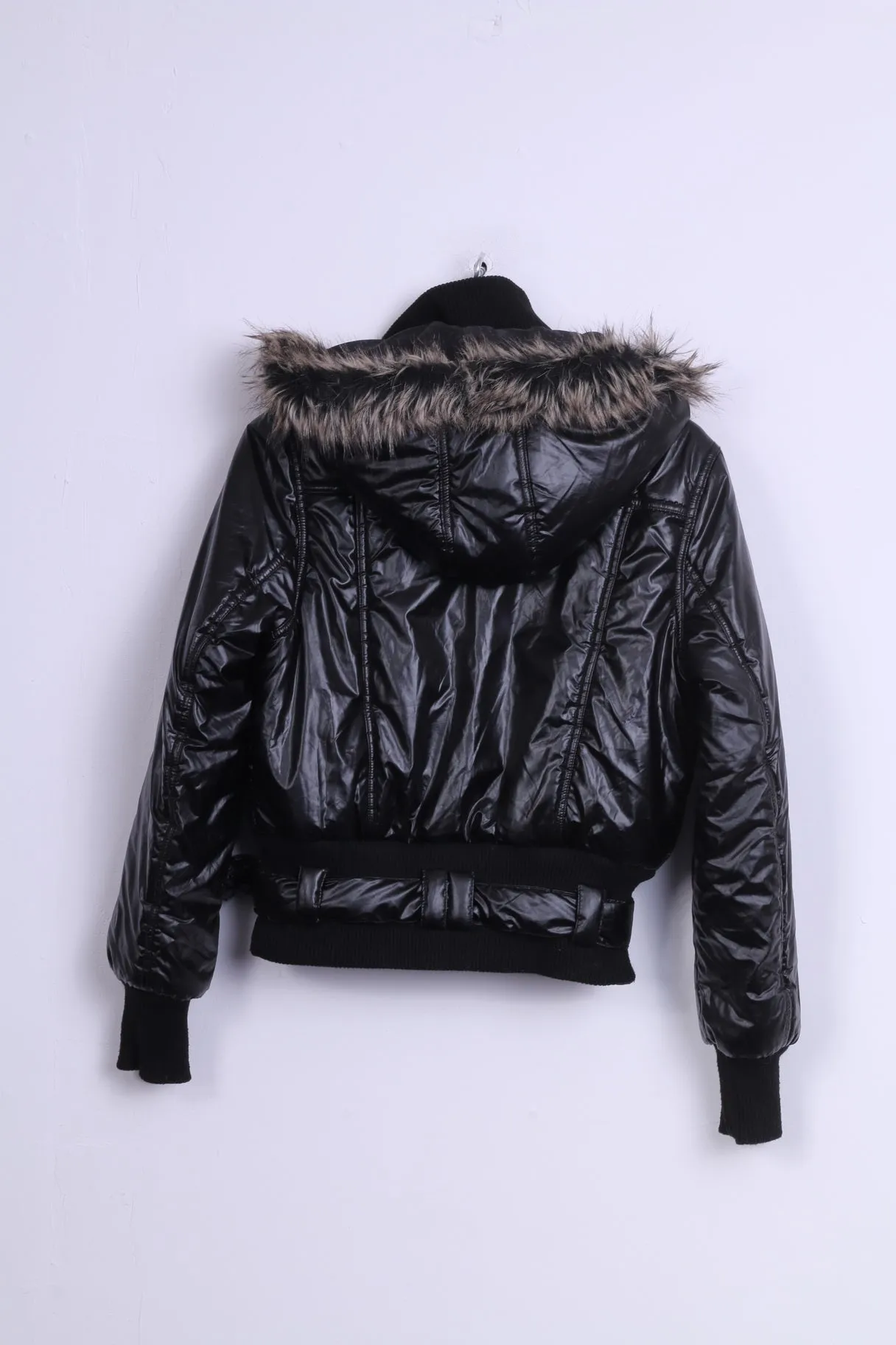 Ere Fashion Womens M Jacket Shiny Black Padded Hood Fur Biker Top