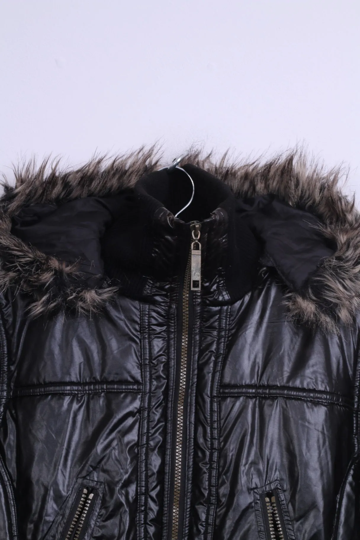 Ere Fashion Womens M Jacket Shiny Black Padded Hood Fur Biker Top
