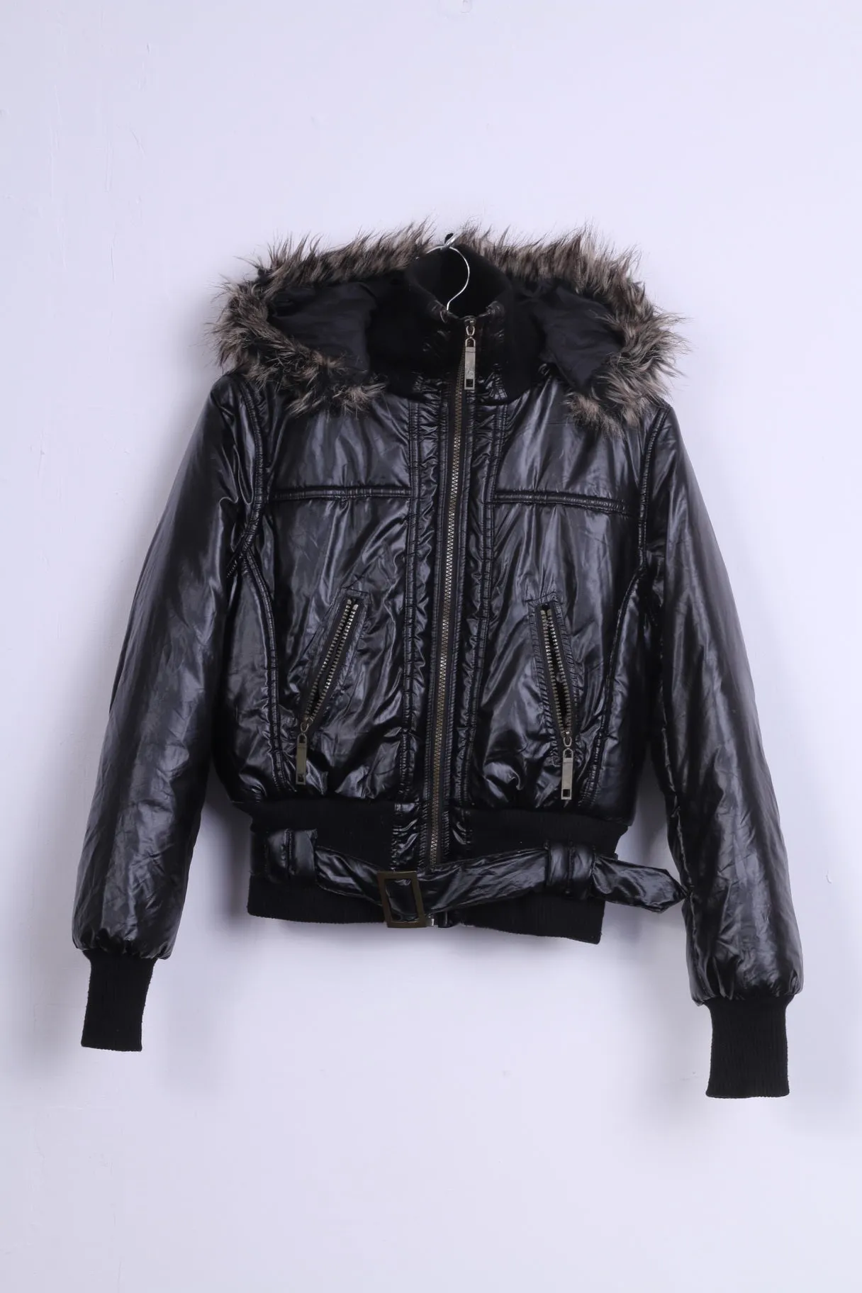 Ere Fashion Womens M Jacket Shiny Black Padded Hood Fur Biker Top