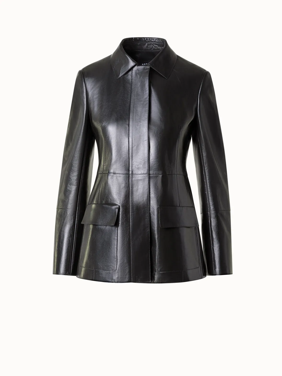 Fitted Lacquer Leather Jacket with Belt Akris