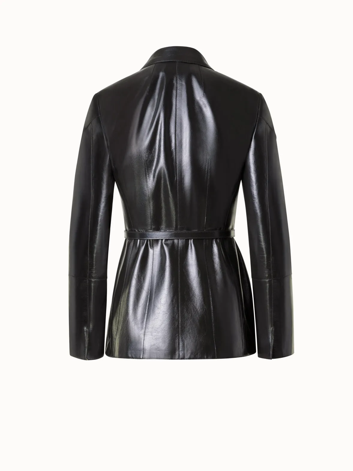 Fitted Lacquer Leather Jacket with Belt Akris