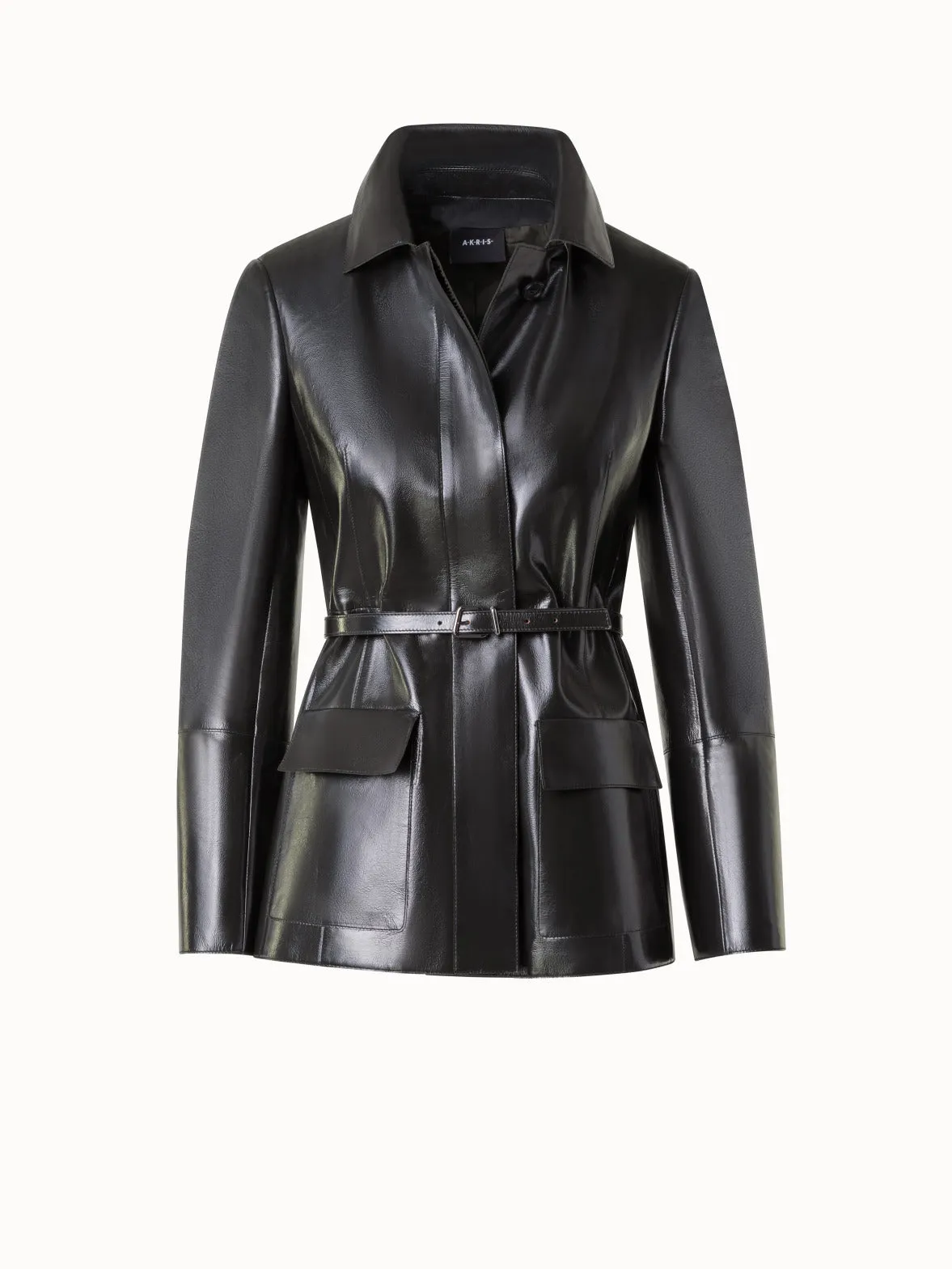 Fitted Lacquer Leather Jacket with Belt Akris