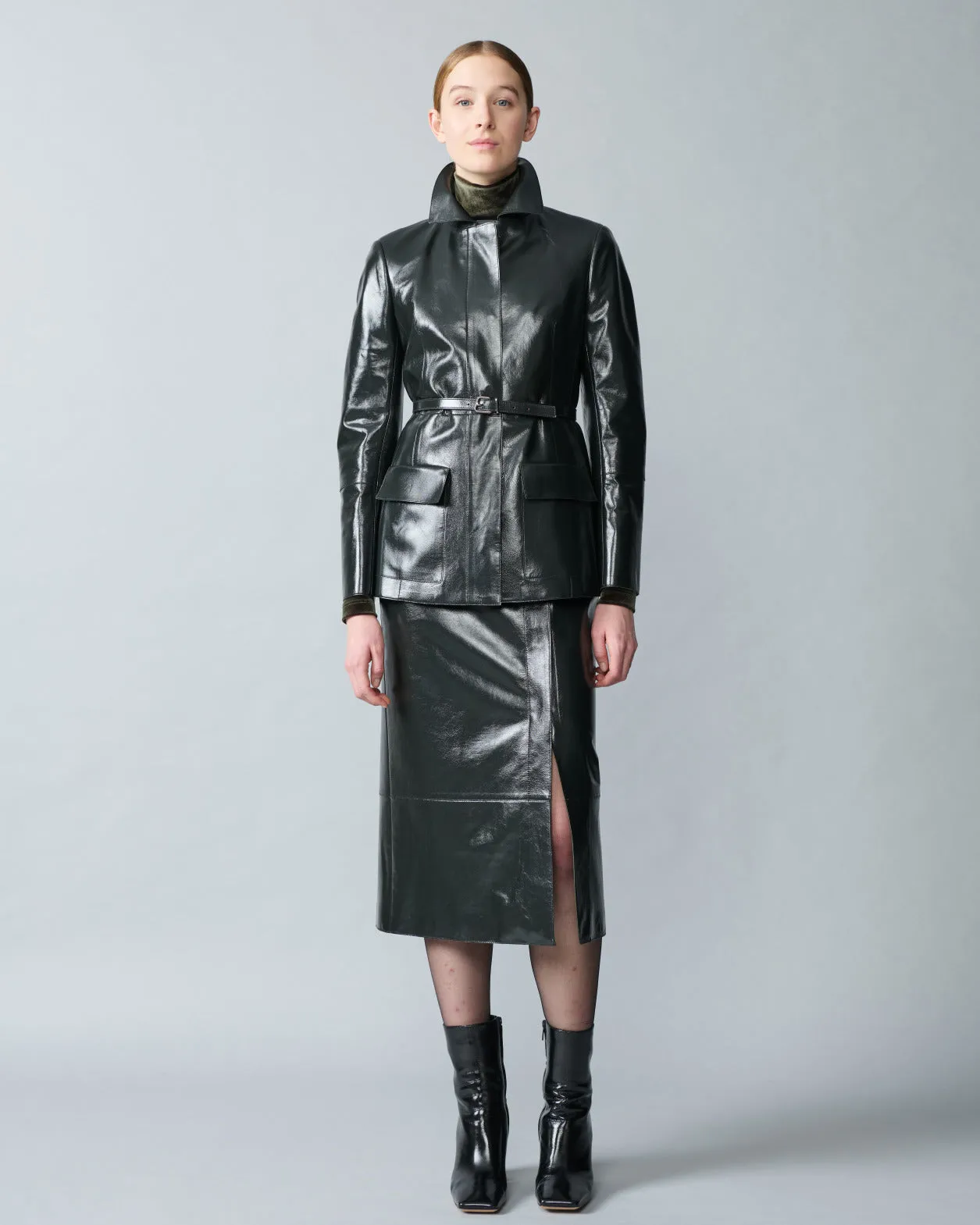Fitted Lacquer Leather Jacket with Belt Akris