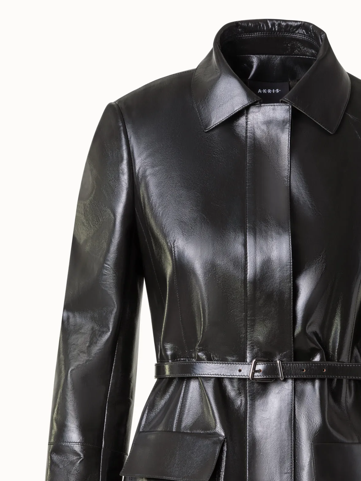 Fitted Lacquer Leather Jacket with Belt Akris