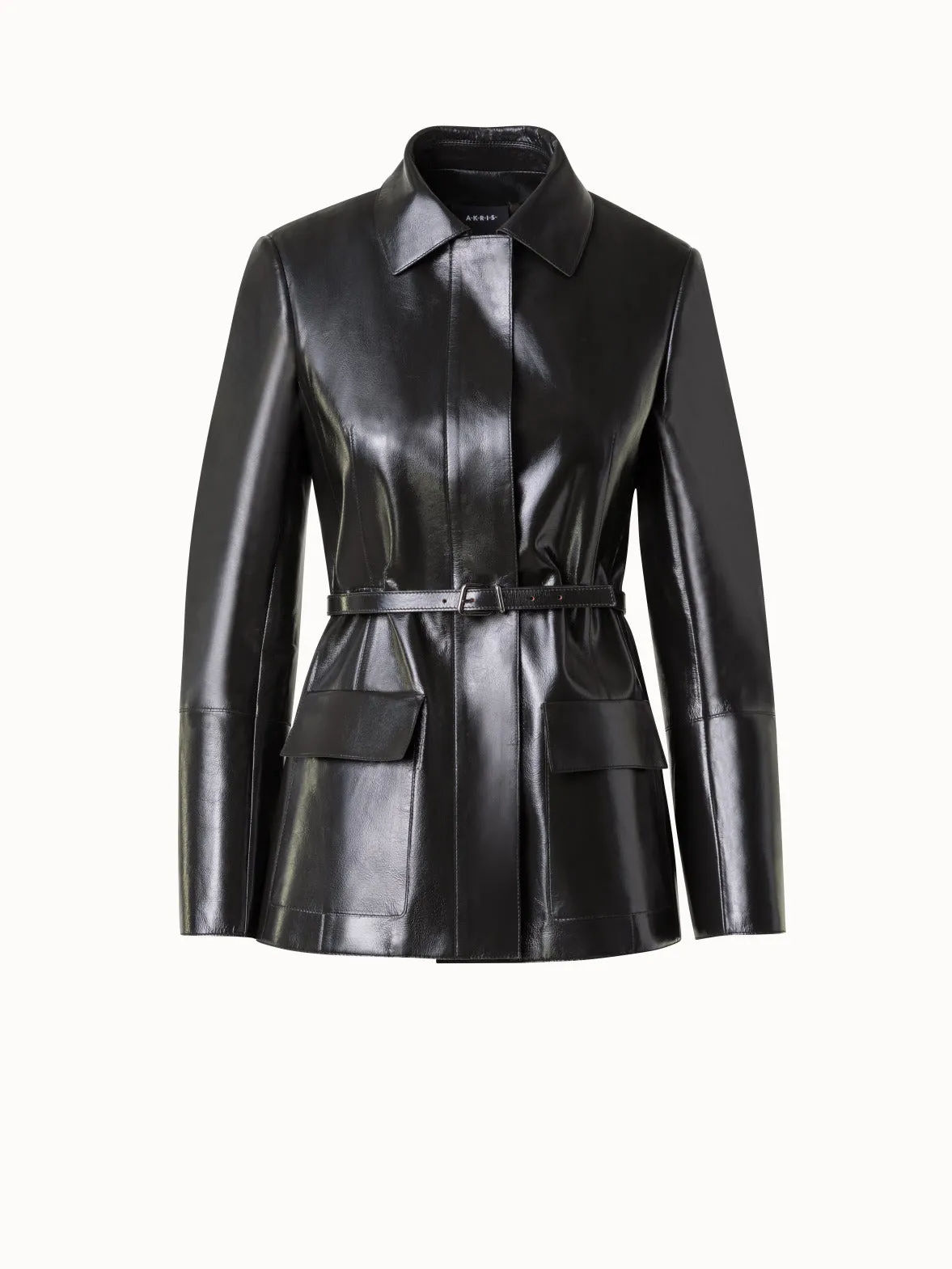 Fitted Lacquer Leather Jacket with Belt Akris