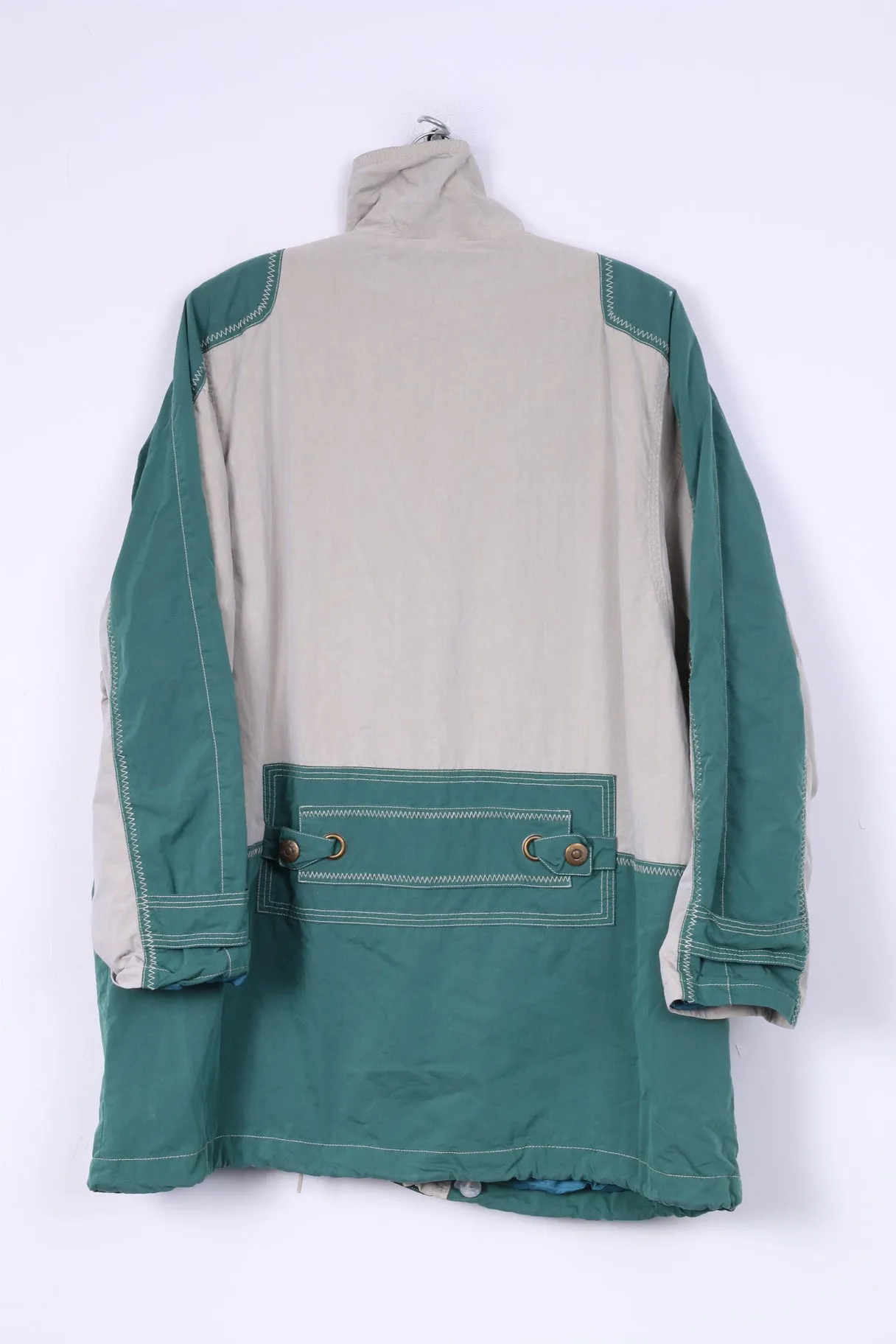Gil Bret Womens 16 XL Long Jacket Lightweight Cotton Nylon Full Zipper Beige/Green Shoulder Pads Vintage