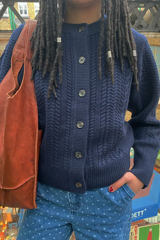 Iris Blair Navy Cable Knit Merino Cardigan