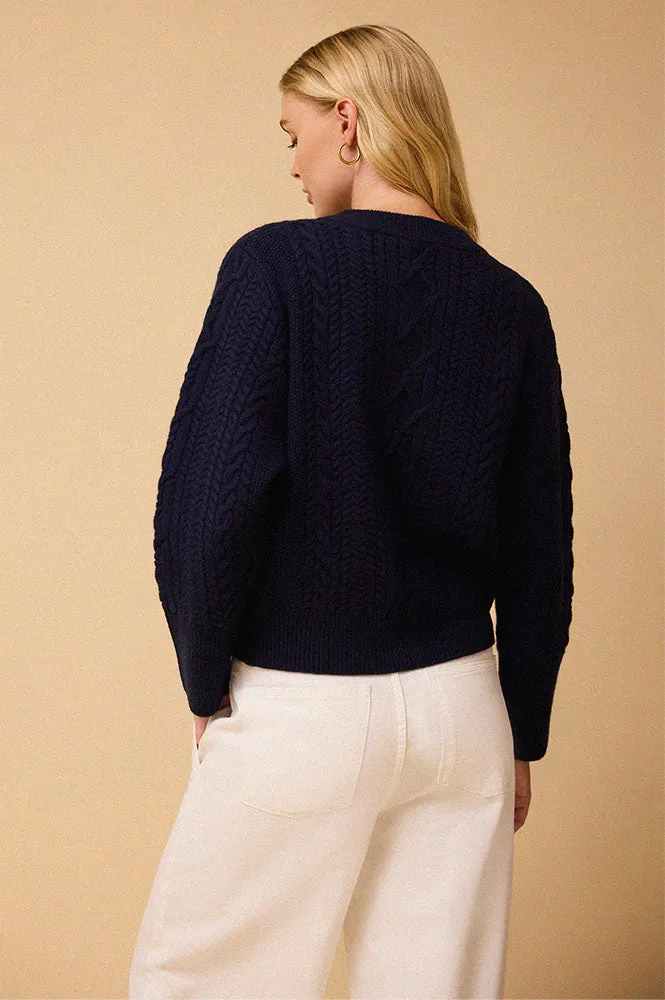 Iris Blair Navy Cable Knit Merino Cardigan