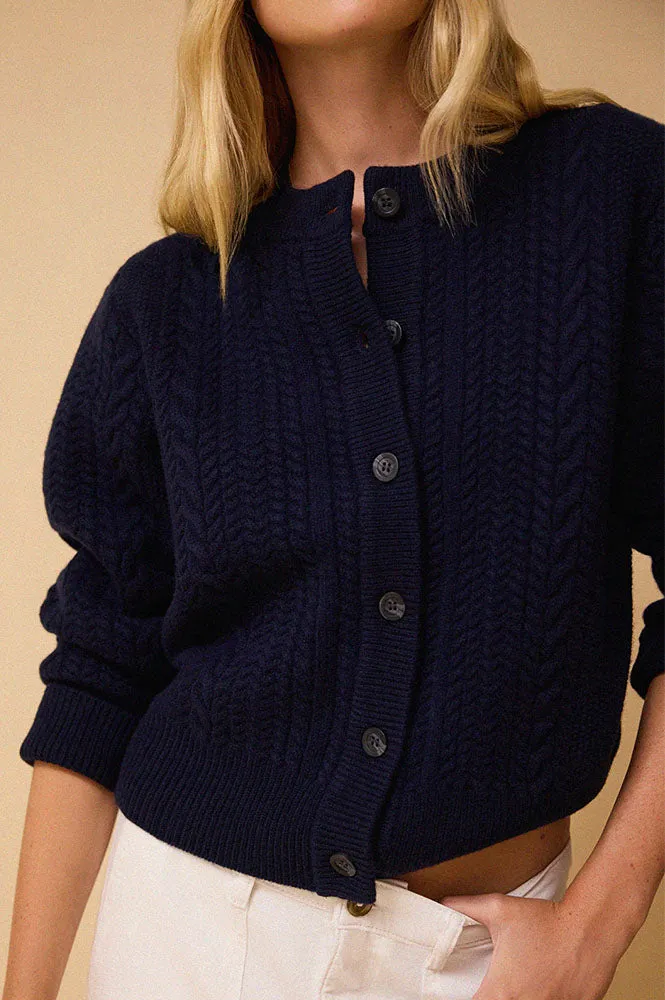 Iris Blair Navy Cable Knit Merino Cardigan