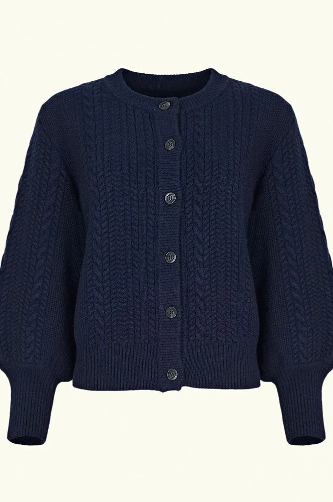 Iris Blair Navy Cable Knit Merino Cardigan
