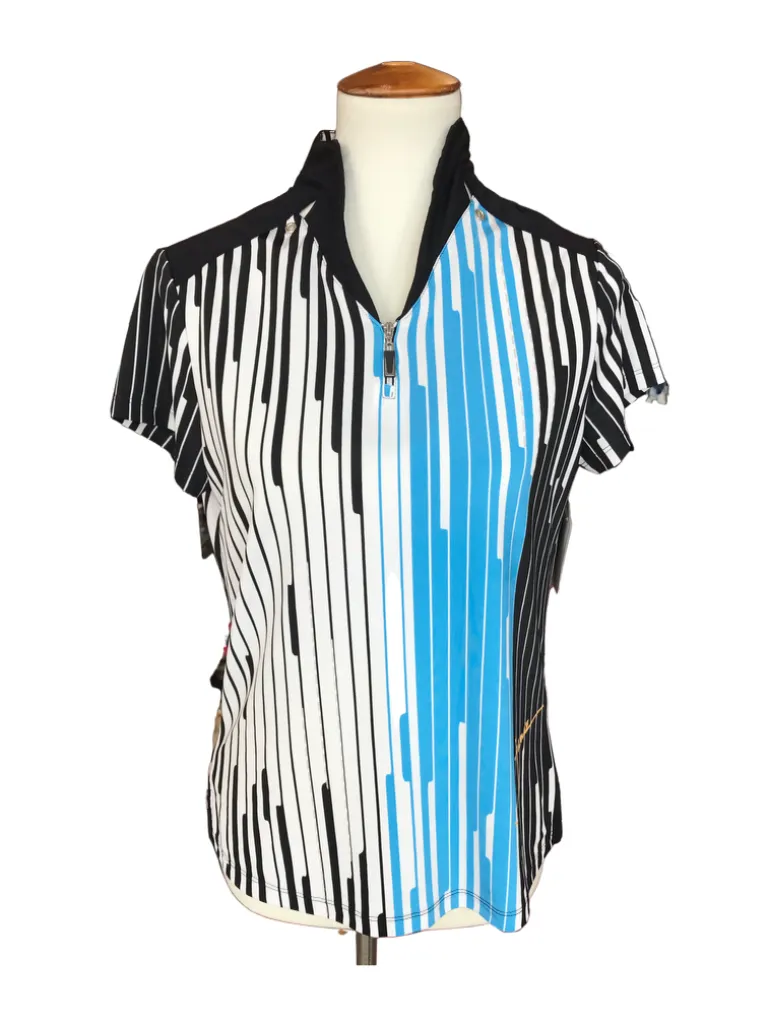 Jamie Sadock Women's Black, White & Blue Vertical Striped 1/4 Zip V-neck Golf Top Size S MSP$93