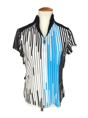 Jamie Sadock Women's Black, White & Blue Vertical Striped 1/4 Zip V-neck Golf Top Size S MSP$93