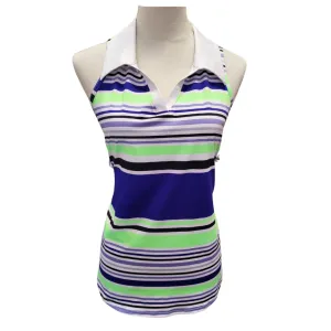 Jofit Women's V-neck Striped Cutaway Sleeveless Polo Size M
