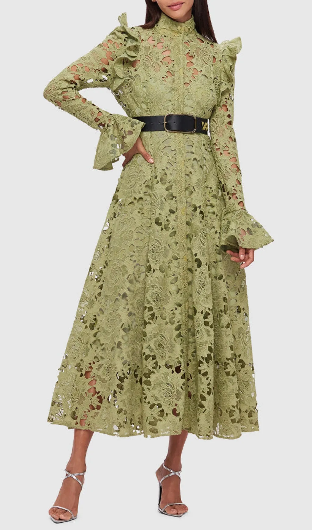 LACE BUTTERFLY SLEEVE MIDI DRESS IN OLIVE Gloria Lanvin