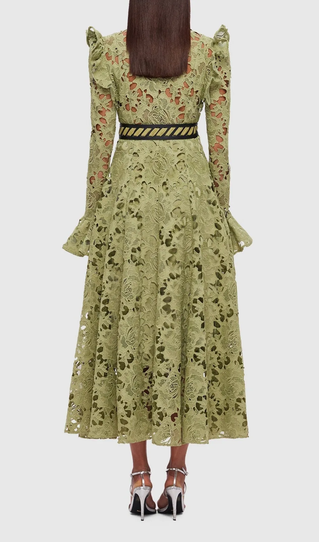 LACE BUTTERFLY SLEEVE MIDI DRESS IN OLIVE Gloria Lanvin