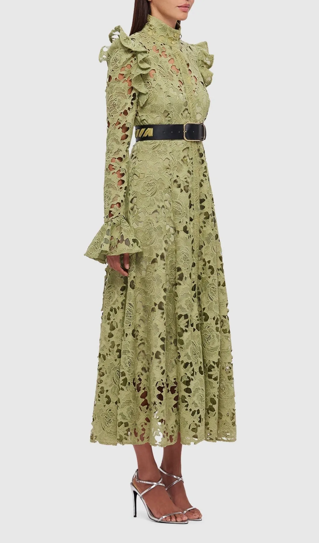 LACE BUTTERFLY SLEEVE MIDI DRESS IN OLIVE Gloria Lanvin