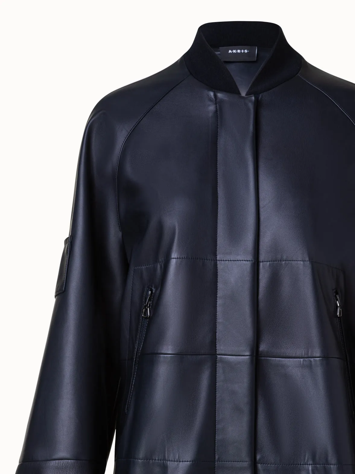 Lambskin Leather Long Bomber Jacket Akris