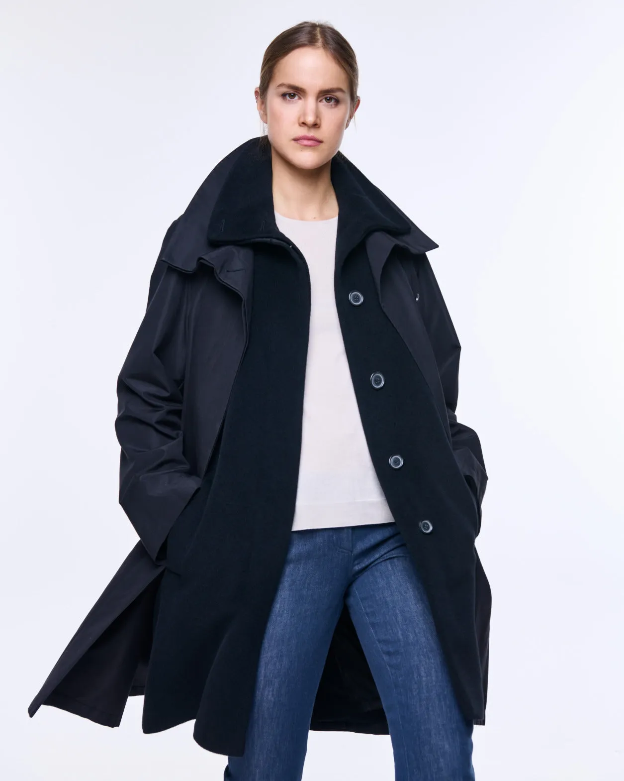 Layered Wool Coat with Removable Silk Layer Akris