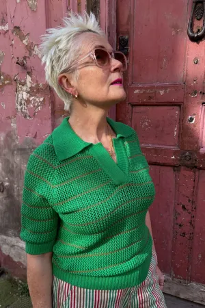 Leon & Harper Make Green Stipe Polo Knit Shirt