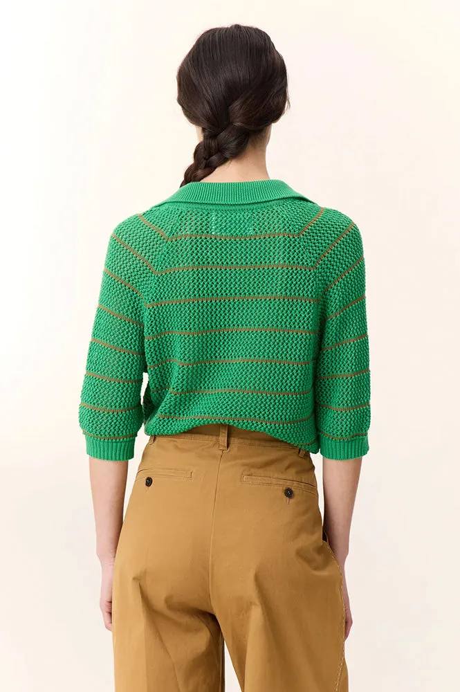 Leon & Harper Make Green Stipe Polo Knit Shirt