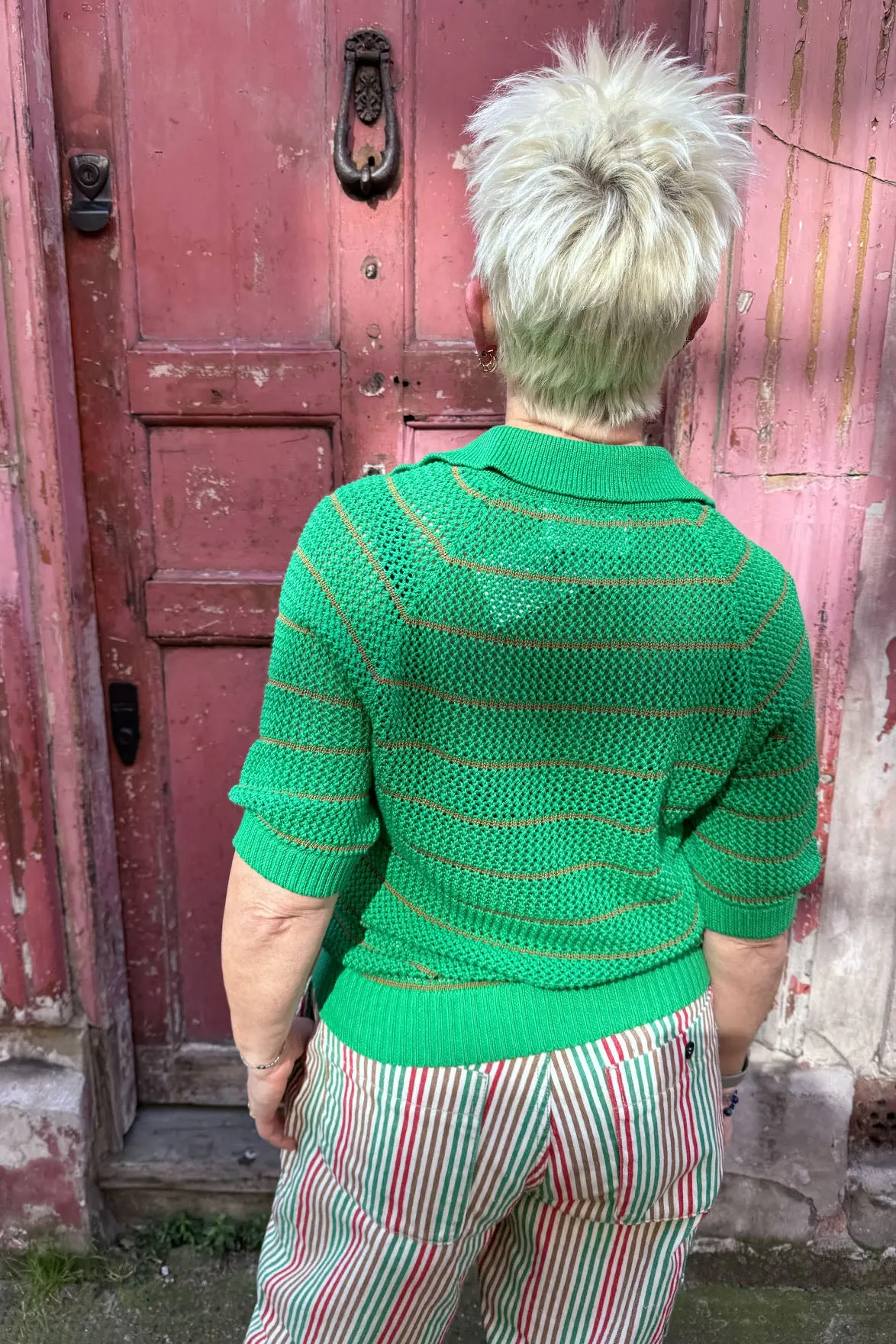 Leon & Harper Make Green Stipe Polo Knit Shirt