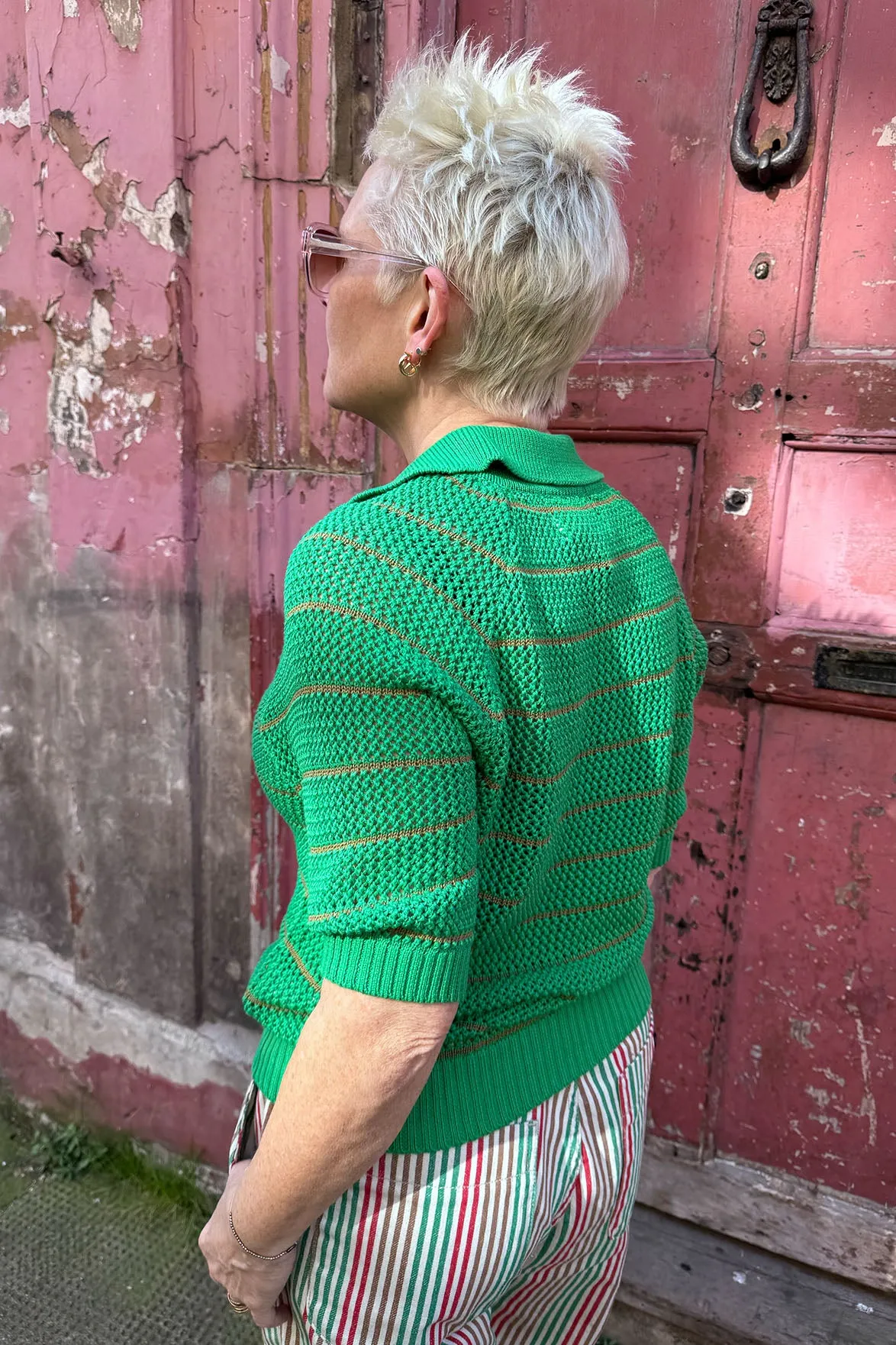 Leon & Harper Make Green Stipe Polo Knit Shirt