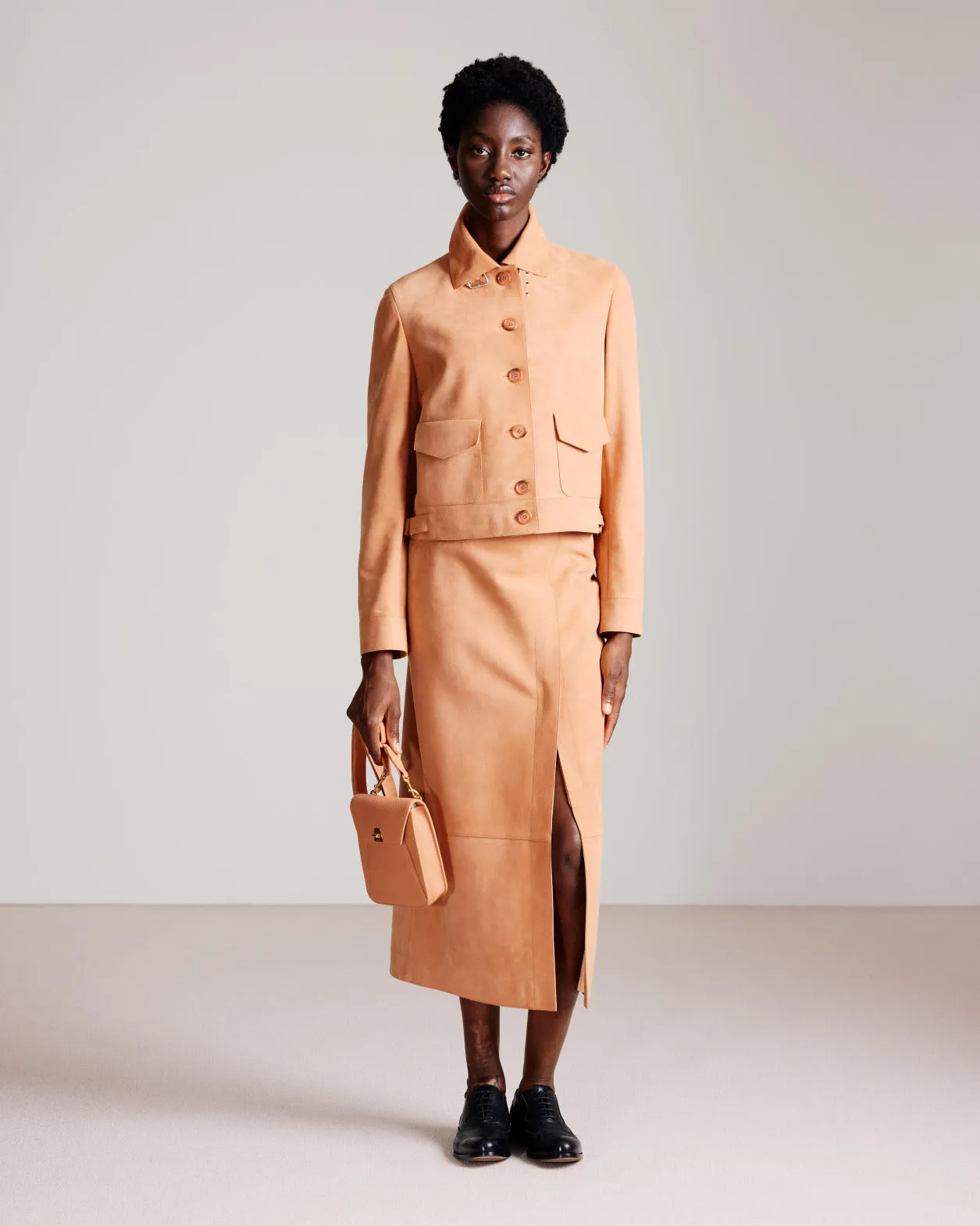 Long Pencil Skirt in Nubuck Lamb Leather Akris