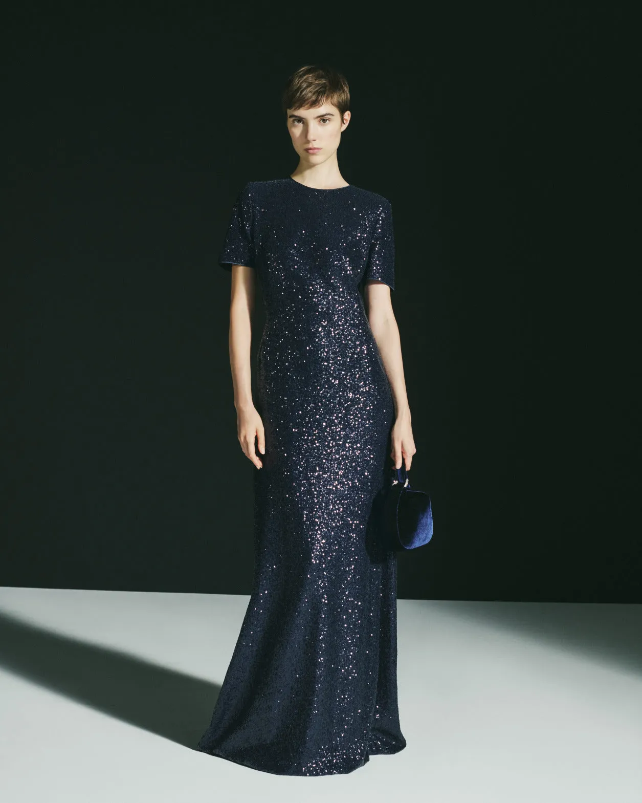 Long Sequined Evening Gown with Short Sleeves 