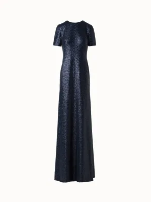 Long Sequined Evening Gown with Short Sleeves 